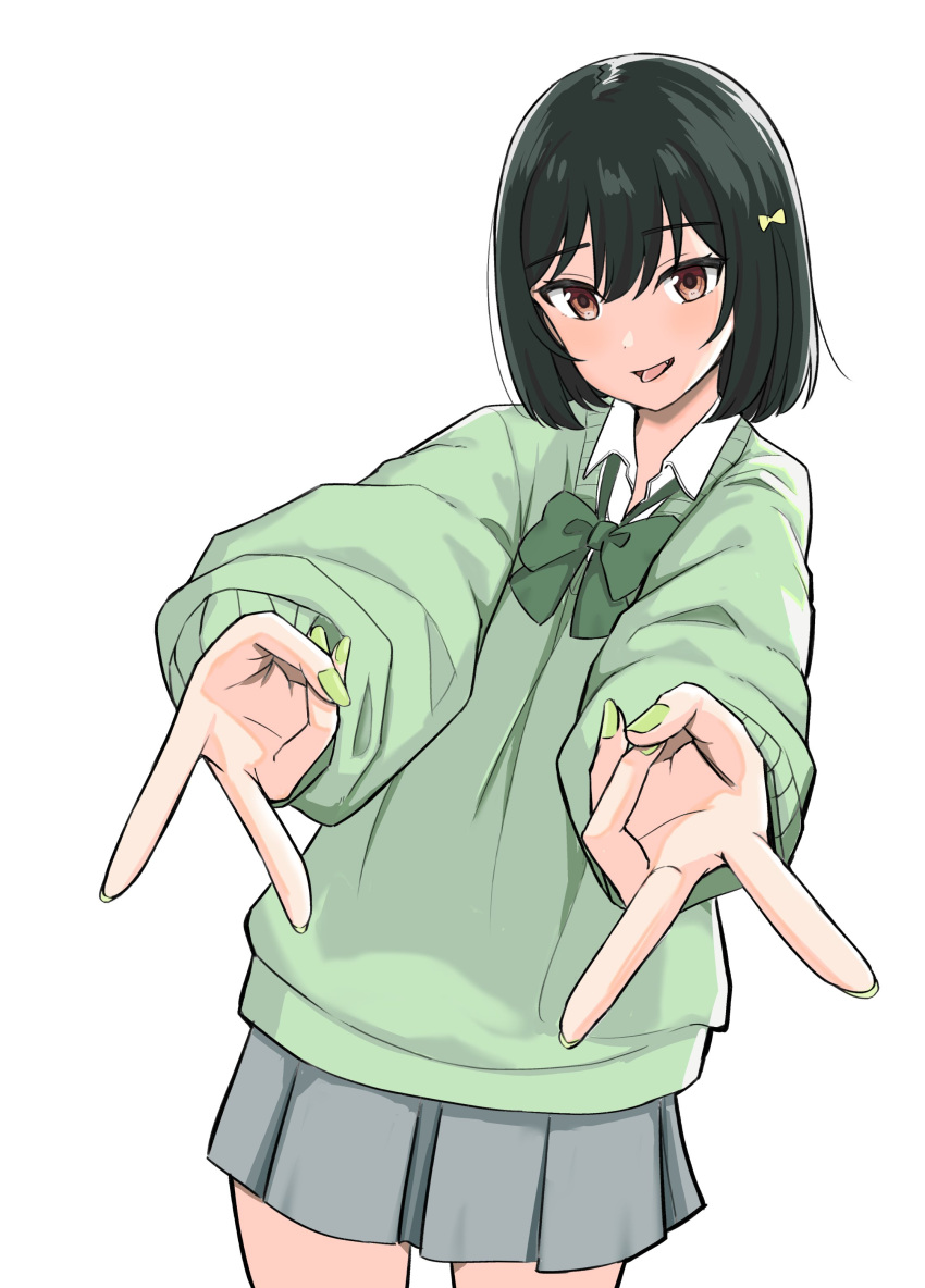 1girl, absurdres, black_hair, bow, bowtie, brown_eyes, collared_shirt, commentary_request, double_gyaru_v, fang, green_bow, green_bowtie, green_nails, green_sweater, grey_skirt, gyaru_v, hair_ribbon, highres, long_sleeves, looking_at_viewer, love_live!, love_live!_nijigasaki_high_school_idol_club, mifune_shioriko, open_mouth, pleated_skirt, ribbon, shirt, short_hair, skirt, solo, sweater, tatsumi432, upper_body, v, white_background, white_shirt, yellow_ribbon