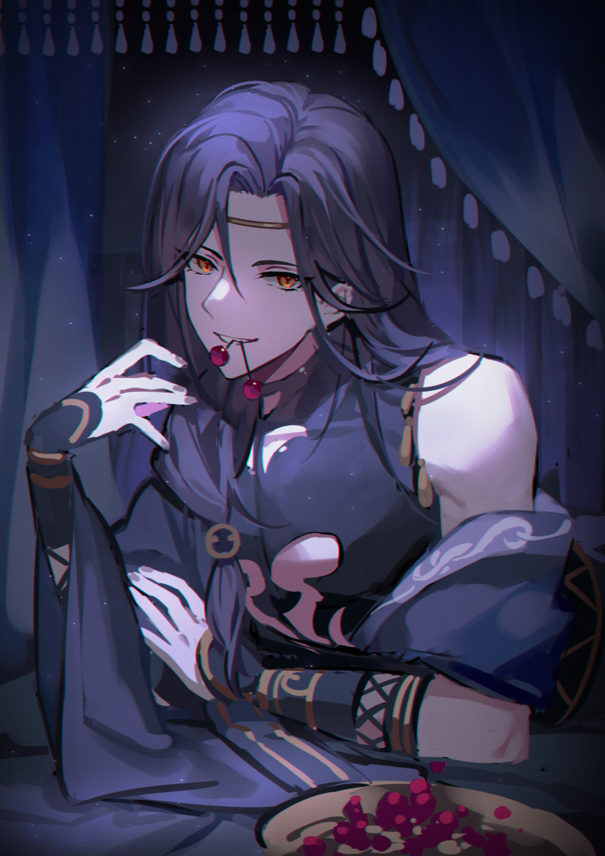 1boy, absurdres, arm_guards, asmoran_(lovebrush_chronicles), black_hair, black_shawl, black_shirt, cherry