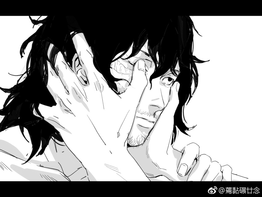 1boy, boku_no_hero_academia, closed_mouth, collarbone, eraser_head_(boku_no_hero_academia), expressionless, facial_hair, fingernails, goatee_stubble, greyscale, hands_on_another's_face, highres, letterboxed, long_hair, looking_ahead, male_focus, messy_hair, monochrome, mustache_stubble, nyan_2020, one_eye_closed, out_of_frame, scar, scar_on_face, short_hair, simple_background, sketch, solo_focus, stubble, weibo_logo
