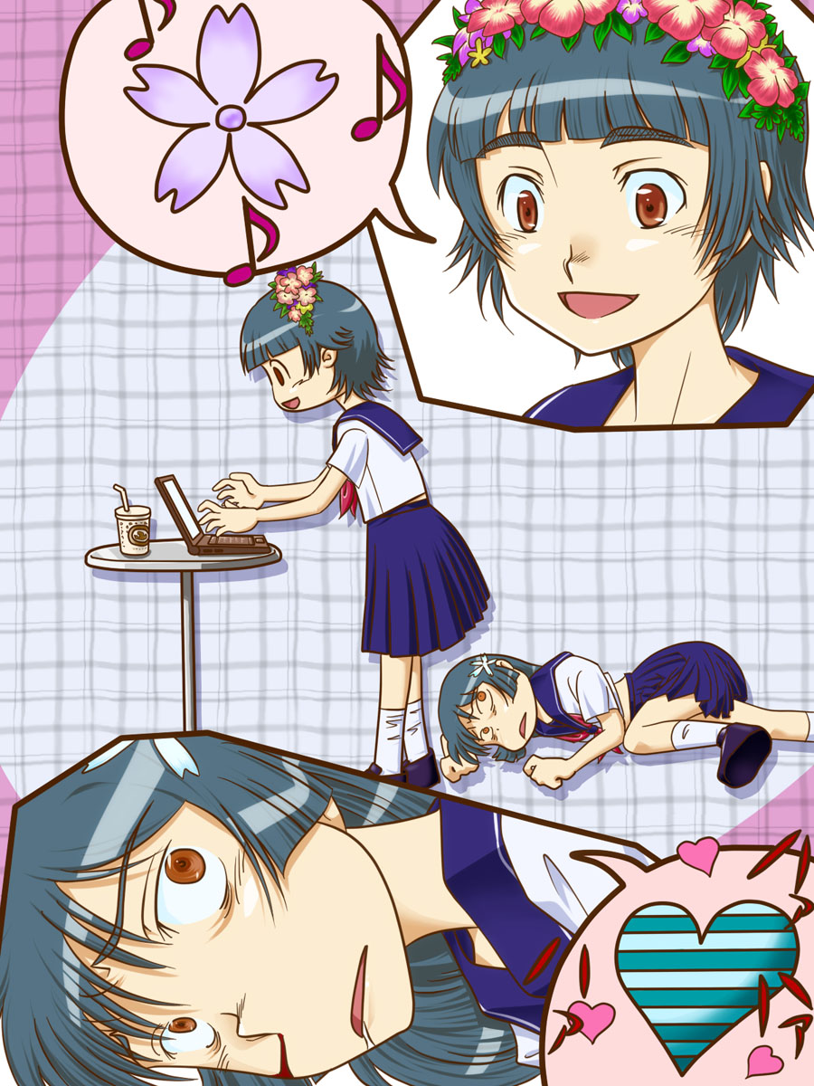computer, hair_ornament, head_wreath, heart, highres, implied_pantyshot, laptop, nosebleed