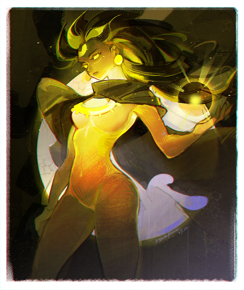 1girl, black_hair, closed_mouth, cowboy_shot, earrings, glowing, glowing_eyes, highres, illari_(overwatch), jewelry, light_rays, long_hair, magic, no_pupils, object_floating_above_hand, overwatch, overwatch_2, road_233, solo, standing, yellow_eyes