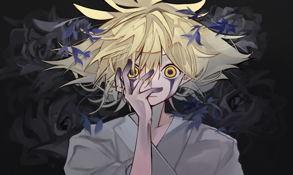 1boy, black_flower, black_rose, blonde_hair, dark_background, facepaint, flower, frill_inferno