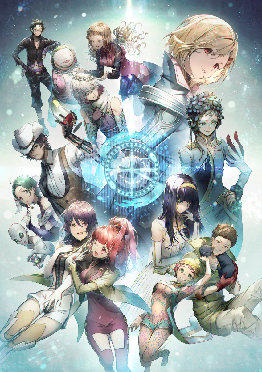 2others, 5boys, 6+girls, absurdres, black_hair, blonde_hair, cat, chipie, comet_(gnosia), everyone, feathers, gina_(gnosia), gnosia, highres, jonas_(gnosia), kukrushka_(gnosia), mito_itsuki, multiple_boys, multiple_girls, multiple_others, one_eye_closed, otome_(gnosia), raqio, red_eyes, remnan_(gnosia), setsu_(gnosia), sha-ming, shigemichi, short_hair, sq_(gnosia), stella_(gnosia), violet_eyes, yuriko_(gnosia)