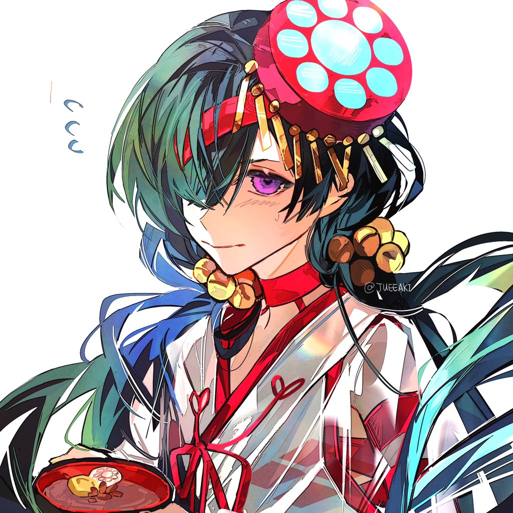 1girl, bell, blush, bowl, eeju, fate/grand_order, fate_(series), green_hair, hair_bell, hair_ornament, hair_over_one_eye, japanese_clothes, long_hair, miko, mochizuki_chiyome_(fate), mochizuki_chiyome_(third_ascension)_(fate), twitter_username, violet_eyes, white_background
