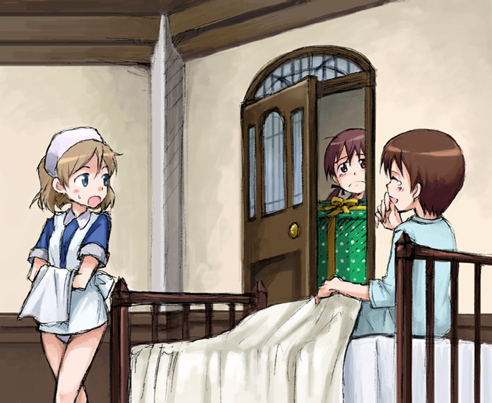 box, brown_hair, chris_barkhorn, christiane_barkhorn, gertrud_barkhorn, gift, nurse, strike_witches