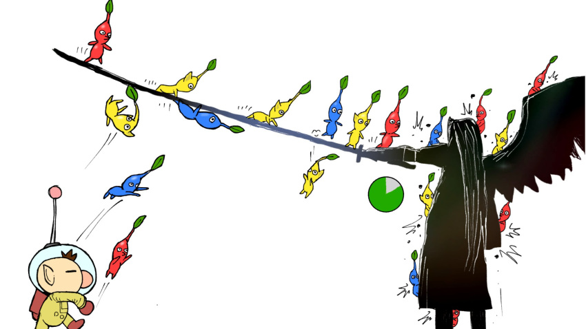 2boys, ^^^, angel_wings, backpack, bag, big_nose, black_coat, black_eyes, black_hair, black_sleeves, black_wings, blue_pikmin, blue_skin, brown_hair, buttons, closed_eyes, coat, colored_skin, commentary_request, cowboy_shot, crossover, fighting, final_fantasy, final_fantasy_vii, from_side, gameplay_mechanics, gloves, health_bar, height_difference, helmet, highres, holding, holding_sword, holding_weapon, huge_weapon, leaf, long_hair, long_sleeves, male_focus, motion_lines, multiple_boys, no_mouth, olimar, pikmin_(series), pointing_sword, pointy_ears, pointy_nose, radio_antenna, red_bag, red_gloves, red_pikmin, red_skin, rewn, sephiroth, short_hair, simple_background, space_helmet, spacesuit, speed_lines, super_smash_bros., sword, throwing, triangle_mouth, very_long_hair, very_short_hair, weapon, white_background, wings, yellow_pikmin, yellow_skin