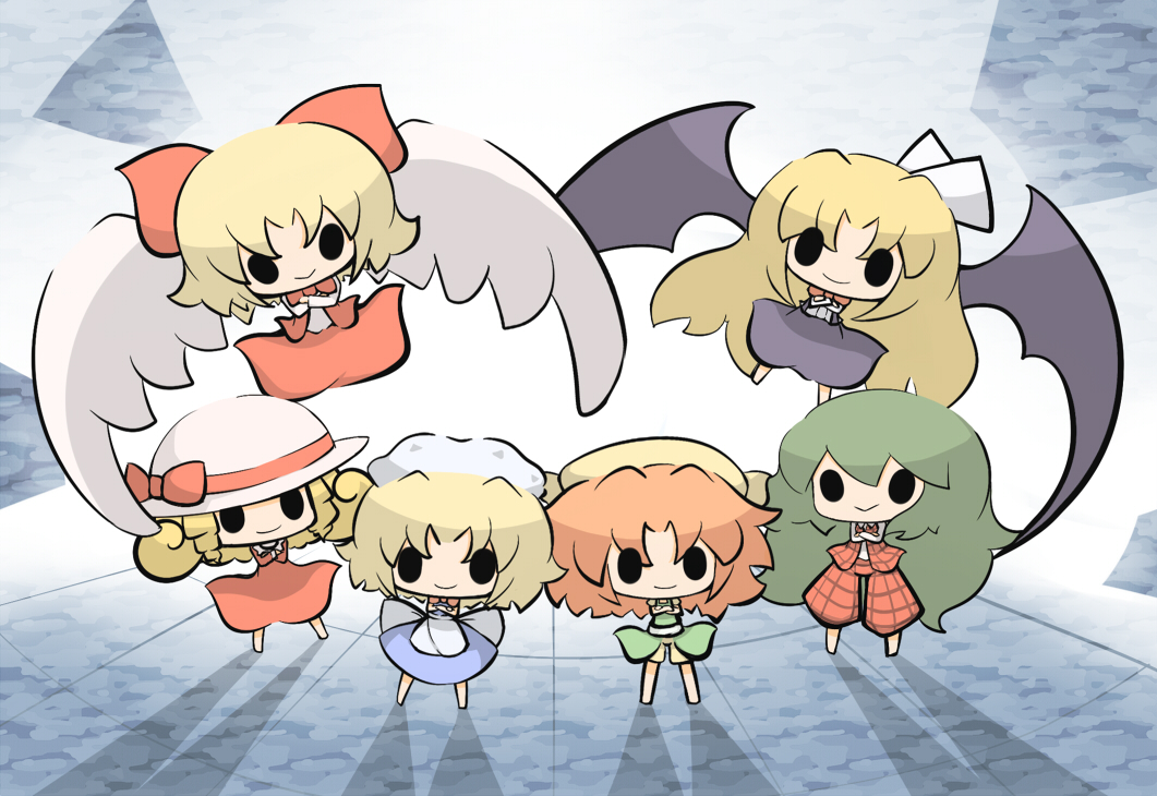 angel_wings, apron, bat_wings, blonde_hair, bow, chibi, crossed_arms, elly