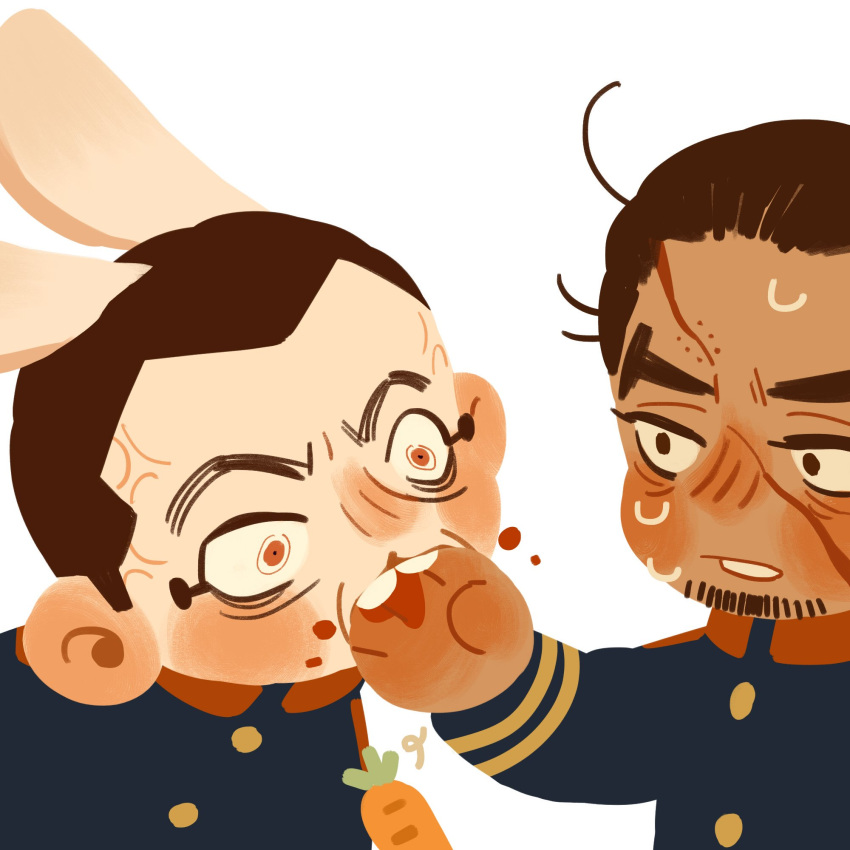 2boys, animal_ears, biting, biting_another's_hand, blood, blue_jacket, bright_pupils, brown_eyes, brown_hair, carrot, chengongzi123, closed_mouth, constricted_pupils, dark-skinned_male, dark_skin, deformed, facial_hair, goatee_stubble, golden_kamuy, hand_up, highres, holding, holding_carrot, jacket, kemonomimi_mode, long_sleeves, looking_at_another, male_focus, military_uniform, multiple_boys, orange_eyes, rabbit_ears, raised_eyebrows, rikimatsu_ariko, scar, scar_on_face, short_hair, simple_background, stubble, sweat, thick_eyebrows, trembling, uniform, upper_body, usami_tokishige, veins, very_short_hair, white_background