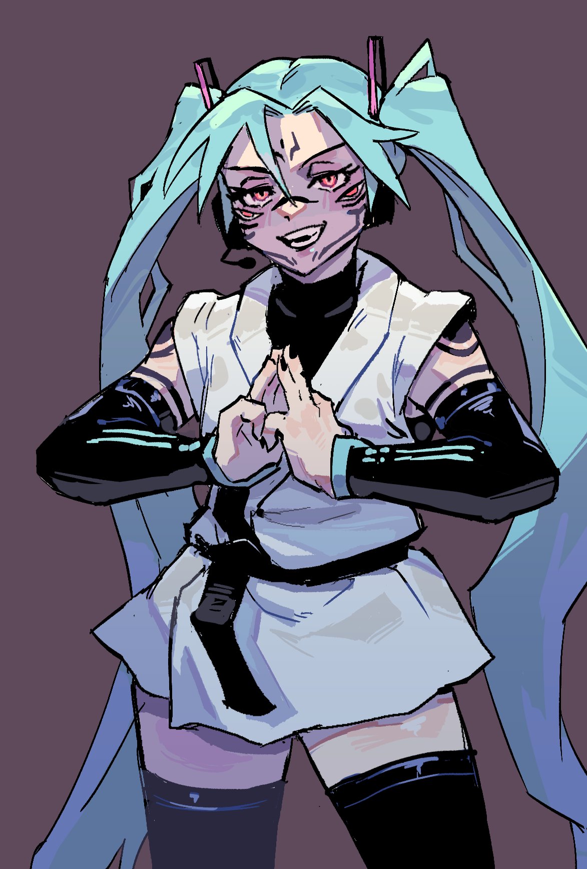 1girl, aqua_hair, belt, black_belt, black_shirt, black_thighhighs, boom_microphone, crossover
