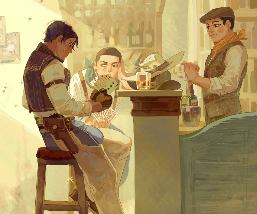 3boys, ace_(playing_card), ace_of_spades, alcohol, alternate_universe, arm_strap, bandana, bar_(place)