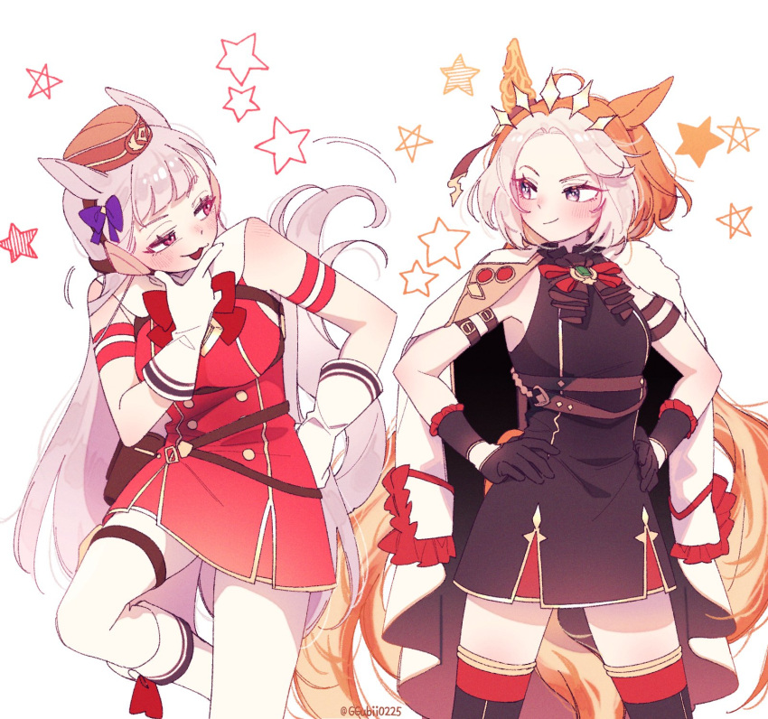 2girls, animal_ears, black_dress, black_gloves, blunt_bangs, bow, bowtie, breasts