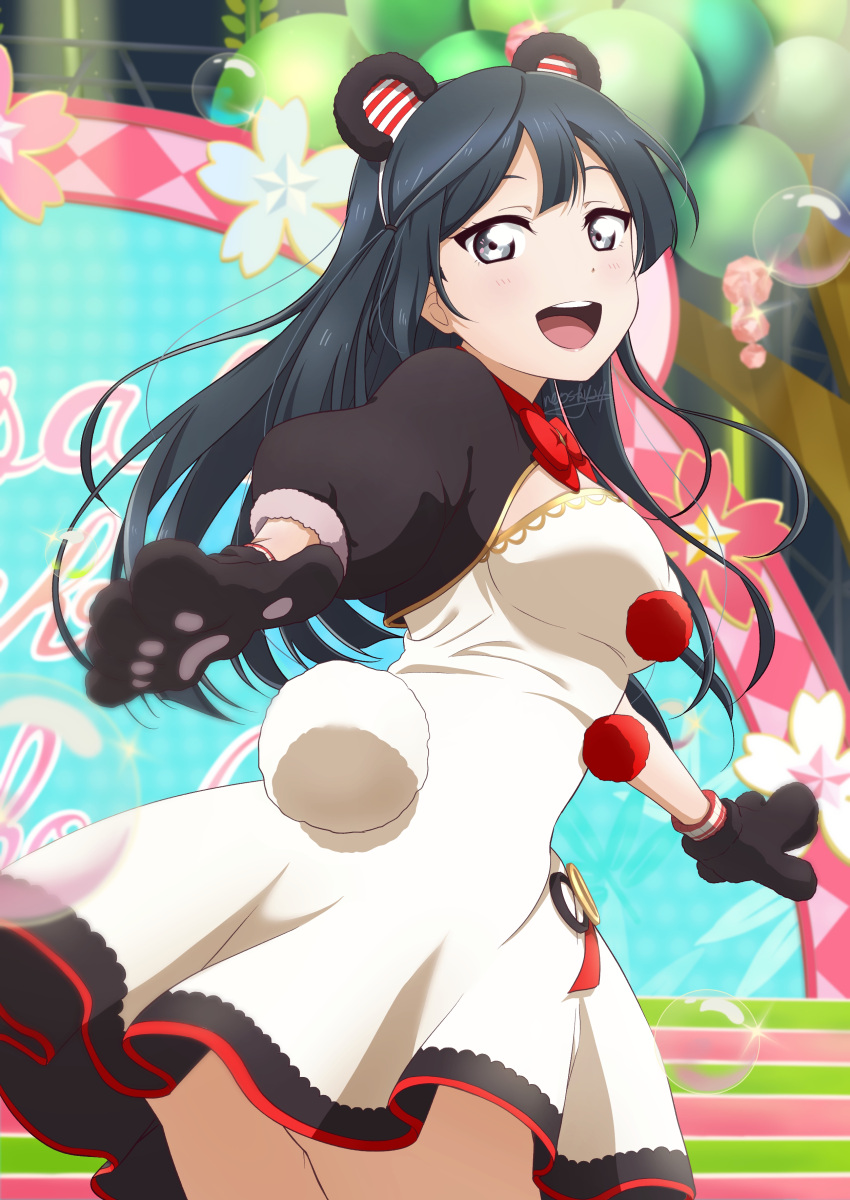 1girl, absurdres, animal_ears, black_hair, black_mittens, blush, breasts, bubble