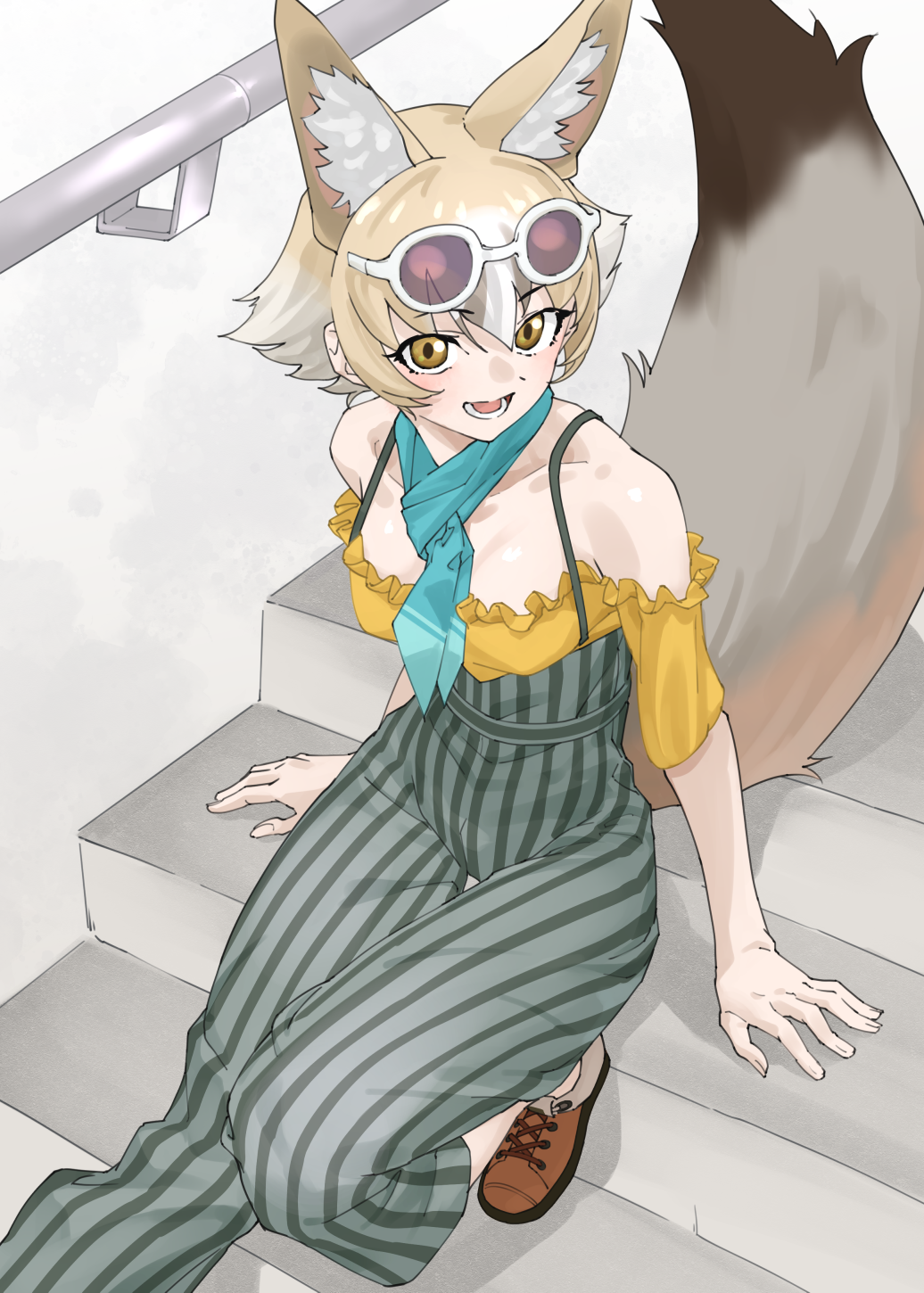 1girl, :d, animal_ear_fluff, animal_ears, aqua_neckerchief, bare_shoulders, blonde_hair, brown_footwear