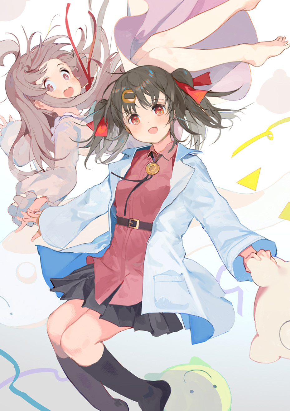 2girls, :d, :o, ahoge, bare_legs, barefoot, belt, black_ribbon
