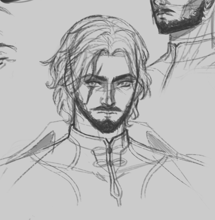 1boy, aiulenn, beard, cropped_torso, facial_hair, full_beard, highres, looking_at_viewer, male_focus, mature_male, multicolored_hair, mustache, scar, scar_across_eye, short_hair, simple_background, sketch, solo, streaked_hair, thick_eyebrows, wuthering_waves, yhan_(wuthering_waves)