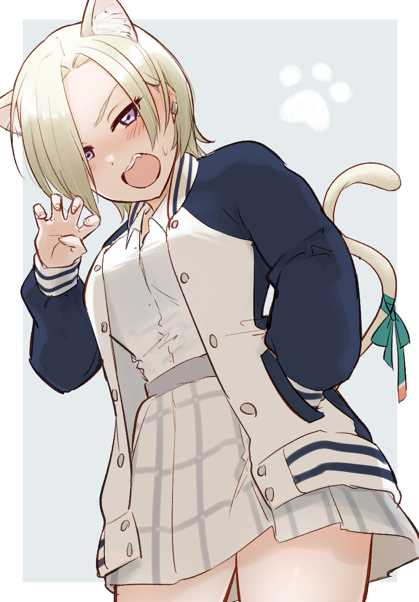 1girl, animal_ears, animal_hands, blonde_hair, blush, border, breasts, cat_ears