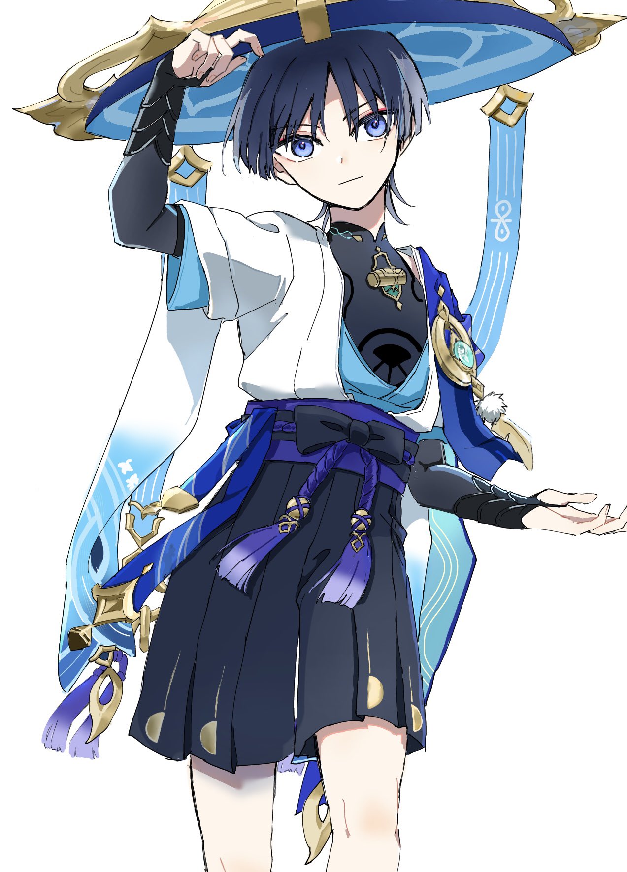 1boy, arm_up, black_bow, black_shirt, blue_eyes, blue_hair, blue_headwear, bow