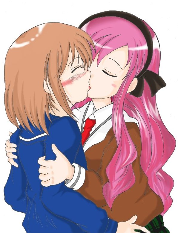 2girls, artist_request, blush, brown_hair, closed_eyes, kanamemo, kiss, kujiin_mika