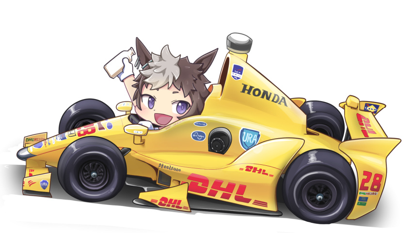 1girl, bottle, car, chibi, dhl, driving, formula_racer, gloves