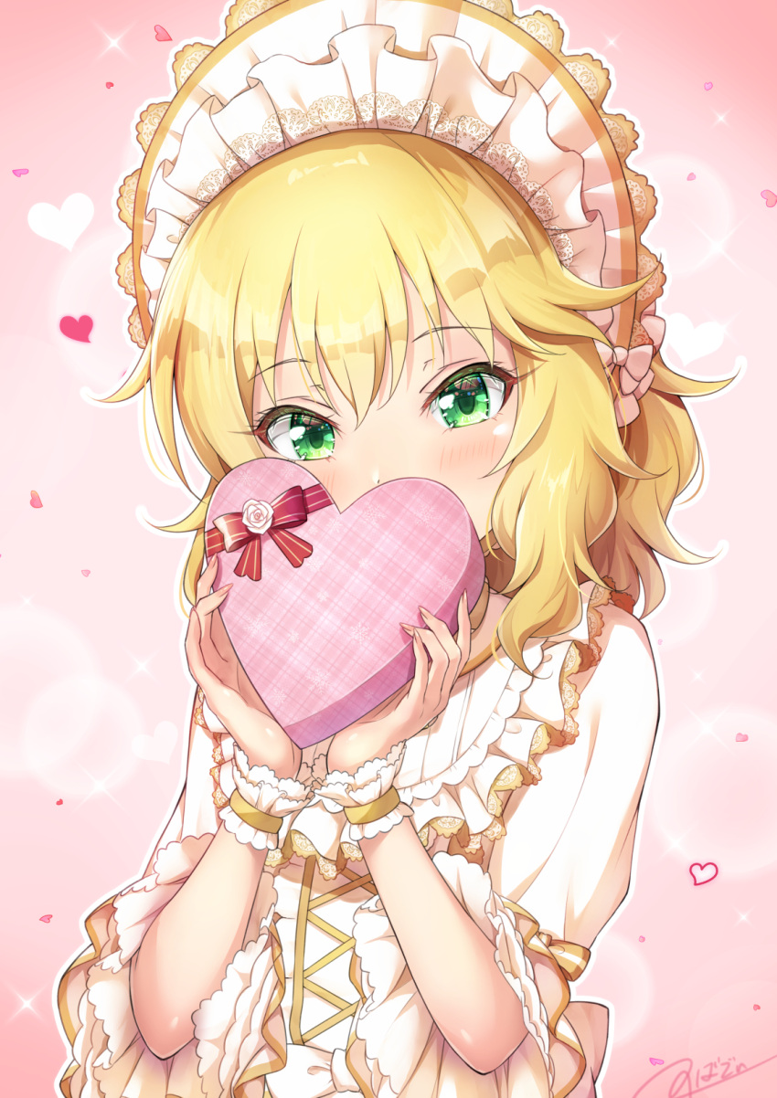 1girl, blonde_hair, bonnet, bow, box, box_of_chocolates, center_frills, covering_own_mouth