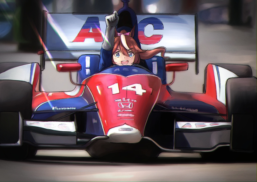 1girl, absurdres, animal_ears, balladeluce, blue_eyes, bow, brown_hair, car, clenched_hand, cosplay, driving, floating_hair, formula_racer, gloves, grand_prix_of_long_beach, grey_gloves, hair_bow, hand_up, highres, honda, horse_ears, horse_girl, indycar_series, motor_vehicle, multicolored_hair, pink_bow, ponytail, race_vehicle, racecar, real_life, satou_takuma, satou_takuma_(cosplay), shadow, smile, solo, spoiler_(automobile), streaked_hair, tokai_teio_(umamusume), umamusume, vehicle_focus, white_hair