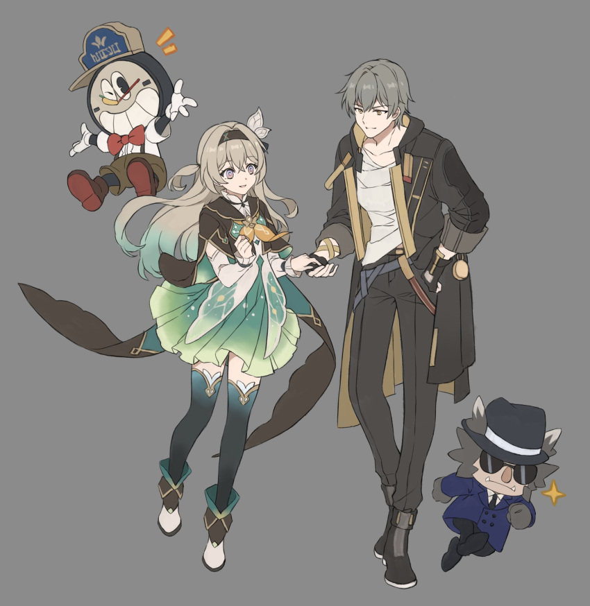 1boy, 1girl, aqua_skirt, black_coat, black_footwear, black_gloves, black_pants, boots