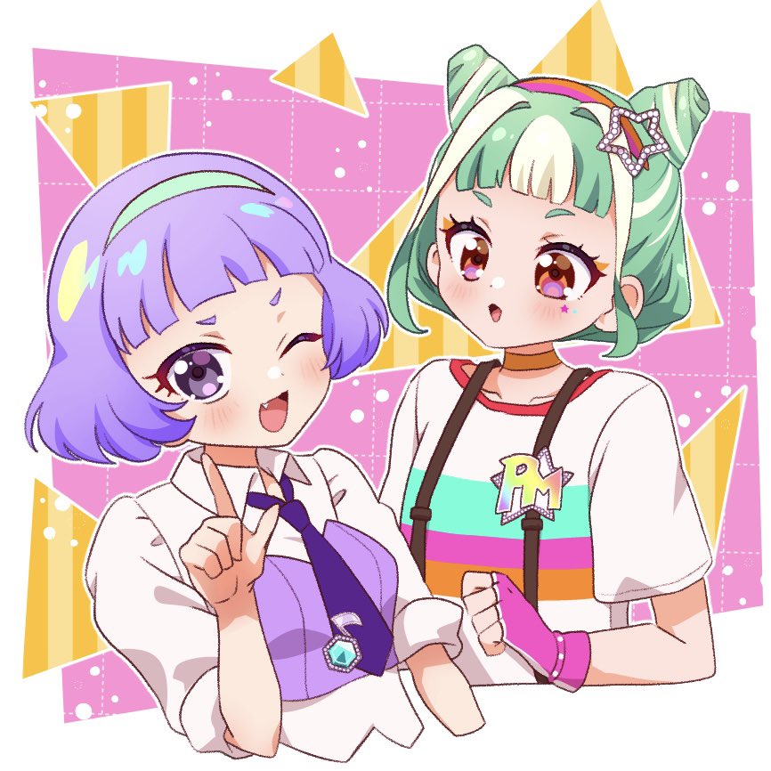 2girls, ;d, blue_hairband, blunt_bangs, chii_(chi_pppuri), chimumu, choker, collared_shirt