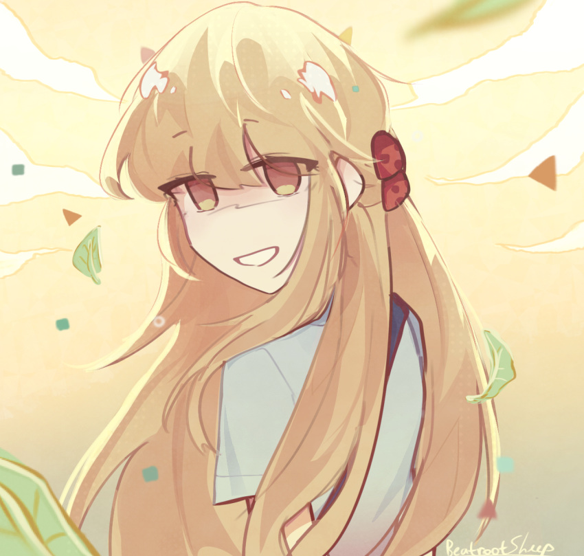 1girl, artist_name, back, beatrootsheep, blonde_hair, blue_shirt, brown_eyes, food