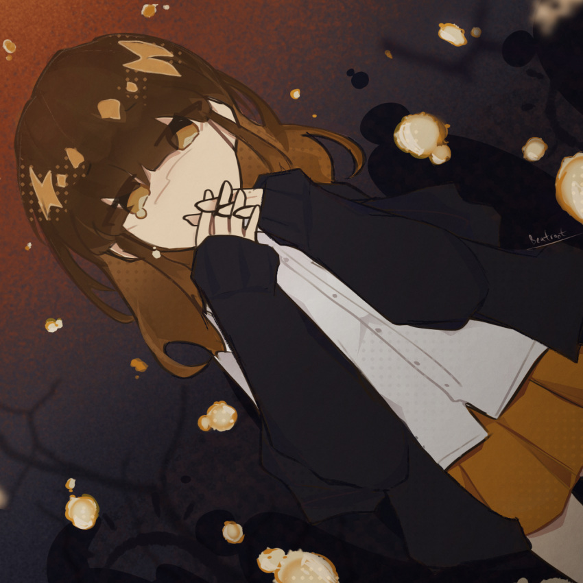 1girl, artist_name, beatrootsheep, black_background, black_jacket, branch, brown_eyes, brown_hair