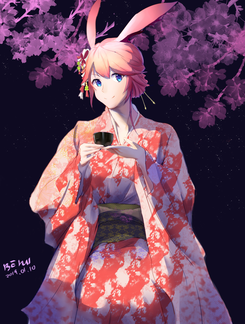 1girl, absurdres, animal_ears, artist_name, blue_eyes, closed_mouth, cup, dated, floral_print, fox_ears, hair_bun, hair_ornament, highres, holding, holding_cup, honkai_(series), honkai_impact_3rd, japanese_clothes, kimono, long_sleeves, looking_at_viewer, pink_hair, pink_kimono, single_hair_bun, smile, solo, tareme, yae_sakura, yitian123