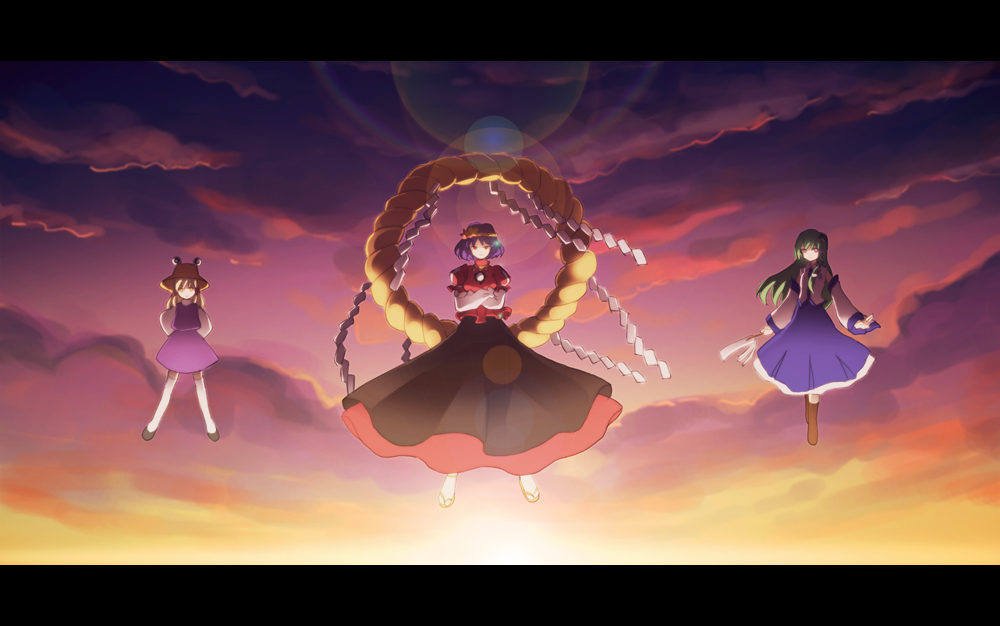 arms_behind_back, blonde_hair, choco_(pixiv29111), cloud, crossed_arms, detached_sleeves, floating, green_hair, kochiya_sanae, lens_flare, letterboxed, long_skirt, moriya_suwako, multiple_girls, purple_hair, shimenawa, skirt, sky, sunset, touhou, yasaka_kanako
