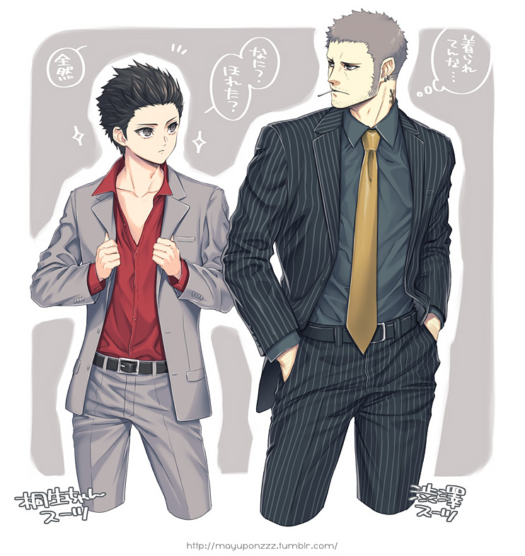 amamiya_ren, belt, black_hair, brown_eyes, earrings, facial_hair, formal, grey_hair
