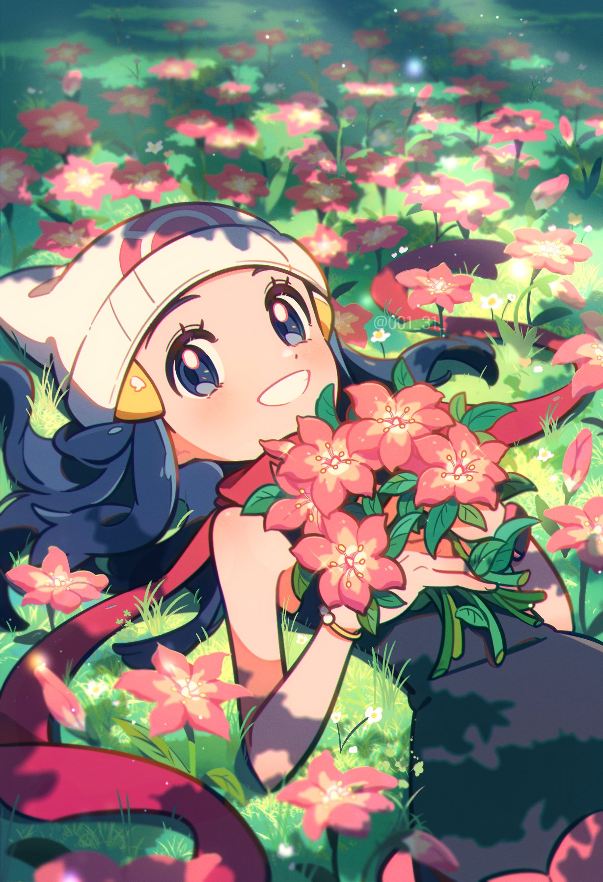 1girl, beanie, black_hair, blue_eyes, blue_hair, bracelet, chueog, eyelashes