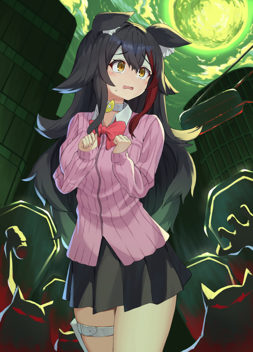1girl, absurdres, animal_ear_fluff, animal_ears, black_hair, black_skirt, bow, bowtie