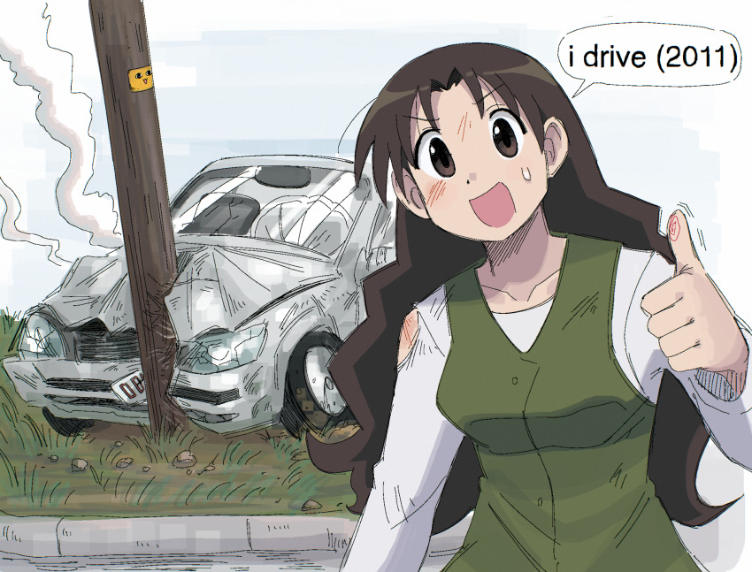 1girl, airbag, azumanga_daioh, breasts, brown_eyes, brown_hair, car, car_crash