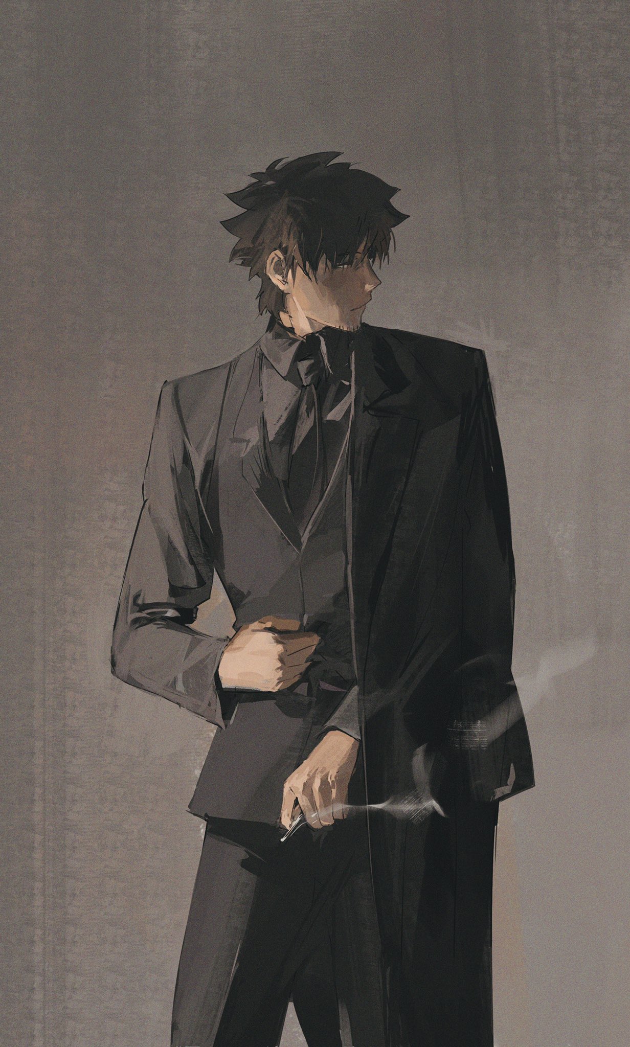 1boy, black_hair, black_jacket, black_necktie, black_pants, cigarette, commentary, cqqqqdaze, emiya_kiritsugu, facial_hair, fate/zero, fate_(series), formal, grey_background, highres, holding, holding_cigarette, jacket, jacket_on_shoulders, looking_to_the_side, necktie, pants, profile, short_hair, simple_background, smoke, smoking, solo, standing, stubble