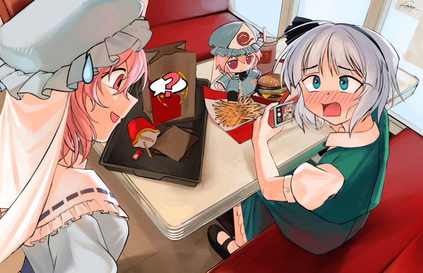 2girls, ?, big_mac, blue_dress, blue_eyes, burger, cellphone, dress