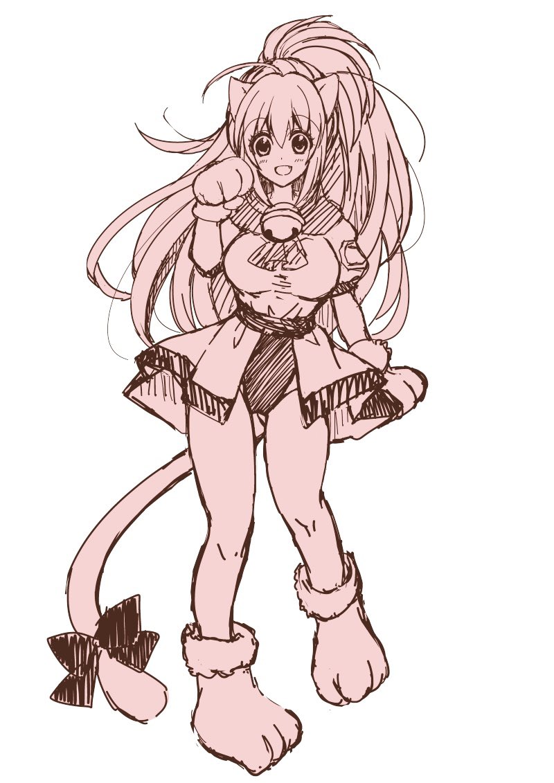 1girl, animal_ears, animal_hands, bell, breasts, cat_ears, cat_paws, cat_tail, dress, fang, gloves, large_breasts, long_hair, melody_sinclair, paw_gloves, paw_shoes, ponytail, ribbon, shirayuki_shion, smile, solo, tail, tail_ornament, tail_ribbon, wide_ponytail, yuukyuu_gensoukyoku