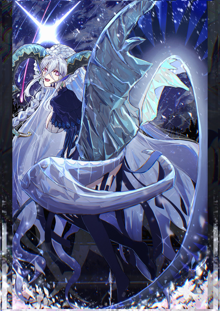 1girl, absurdres, anohito_(amaruno110), blue_hair, blue_thighhighs, braid, breasts, fate/grand_order, fate_(series), highres, horns, large_breasts, larva_tiamat_(fate), larva_tiamat_(third_ascension)_(fate), long_hair, pink_eyes, symbol-shaped_pupils, tail, thigh-highs, tiamat_(fate), very_long_hair