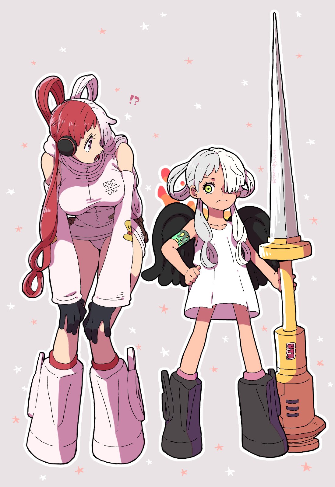 !?, 2girls, behind-the-head_headphones, black_gloves, black_wings, boots, buruma, dark-skinned_female, dark_skin, detached_sleeves, dress, fire, gloves, grey_background, grey_hair, hair_over_one_eye, hair_rings, hand_on_own_hip, hands_on_own_knees, headphones, highres, holding, holding_weapon, leaning_forward, long_hair, looking_at_another, multicolored_hair, multiple_girls, one_piece, one_piece_film:_red, open_mouth, patterned_background, pink_footwear, pink_shirt, profile, redhead, seraphim_(one_piece), shirt, short_dress, symbol-shaped_pupils, tanaka_(tanakya123), two-tone_hair, uta_(one_piece), violet_eyes, weapon, white_dress, white_hair, wings, yellow_eyes