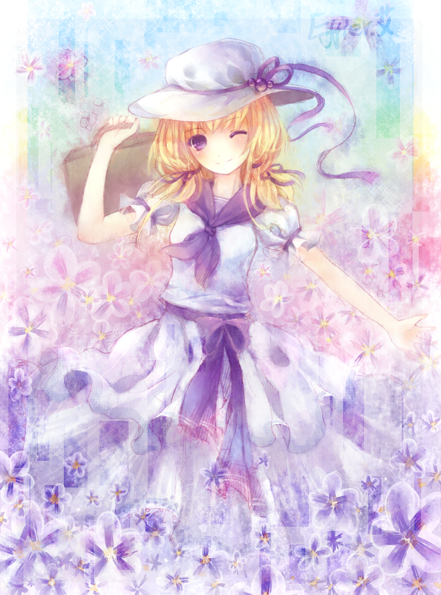 bow, effier_kyo, flower, hair_ribbon, hat, hat_ribbon, luize, purple_eyes, ribbon, sash, solo, suitcase, touhou, touhou_(pc-98), violet_eyes, wink
