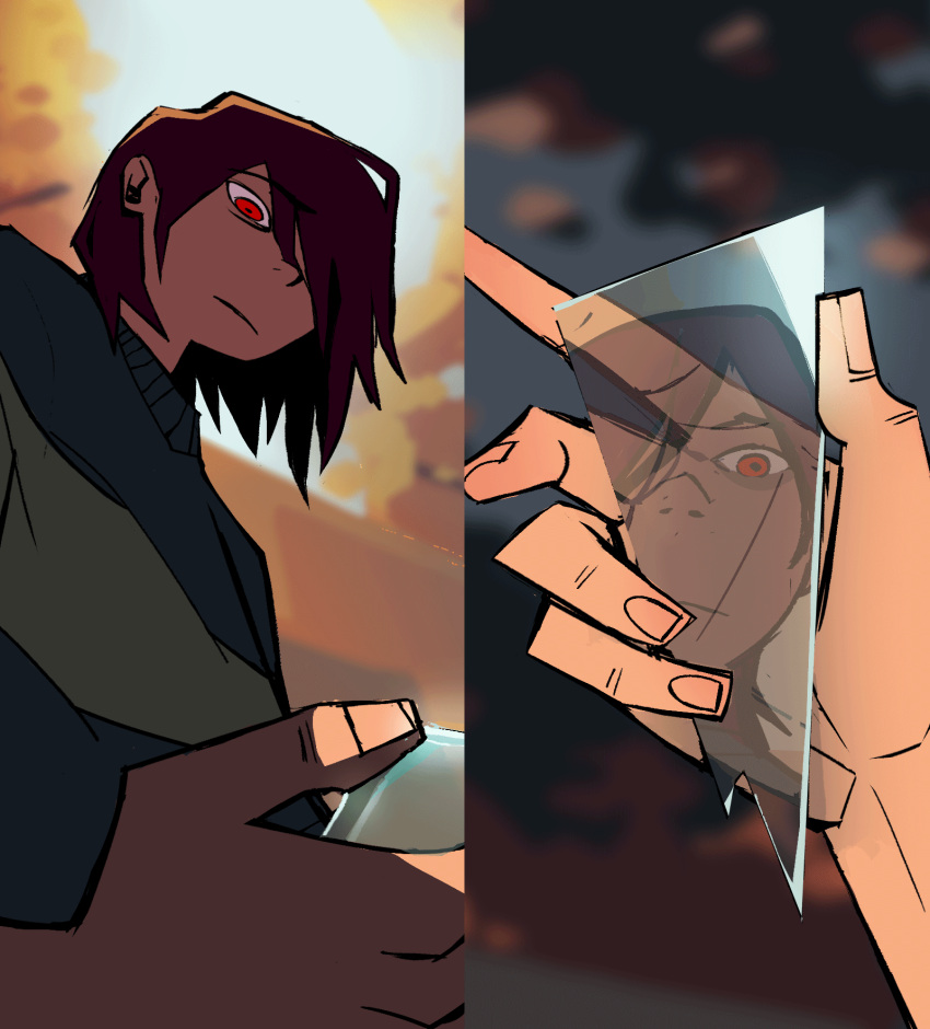 1other, animated, animated_gif, brown_hair, closed_mouth, deltarune, glass_shards, highres, holding_glass_shard, kris_(deltarune), medium_hair, mutie_(timestables), other_focus, red_eyes, reflection, solo, split_screen, upper_body