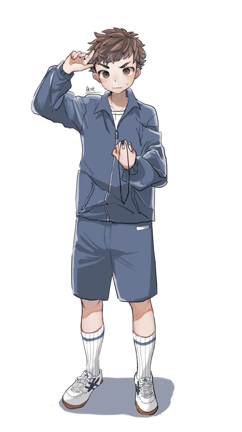 1boy, blue_jacket, blue_shorts, blush, closed_mouth, full_body, highres, holding_stopwatch, jacket, looking_at_watch, male_focus, original, shoes, short_hair, shorts, simple_background, socks, solo, standding, stopwatch, sweatdrop, track_jacket, white_background, white_footwear, white_socks, yabuki_sun