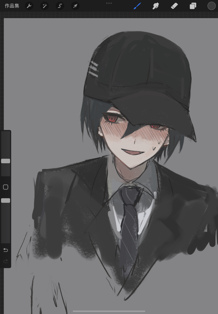 1boy, :d, black_headwear, black_jacket, blush, collared_shirt, cropped_torso, danganronpa_(series)