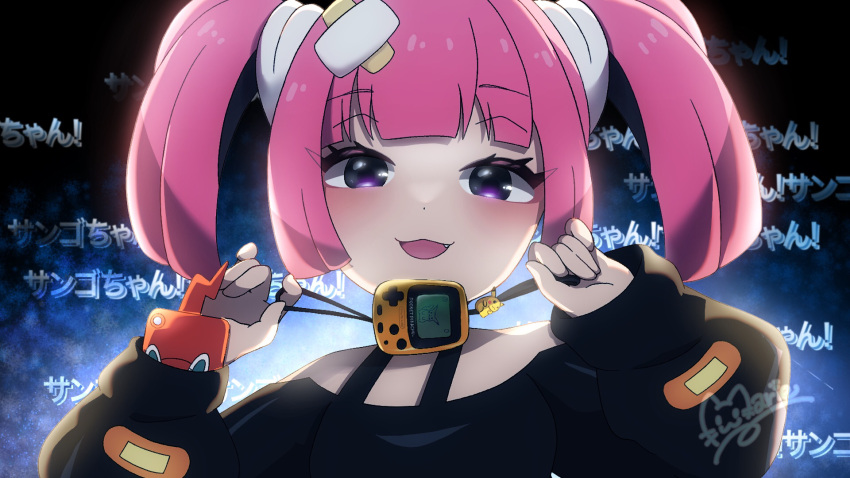 1girl, :d, black_shirt, blush, commentary_request, eyelashes, fang, hair_ornament