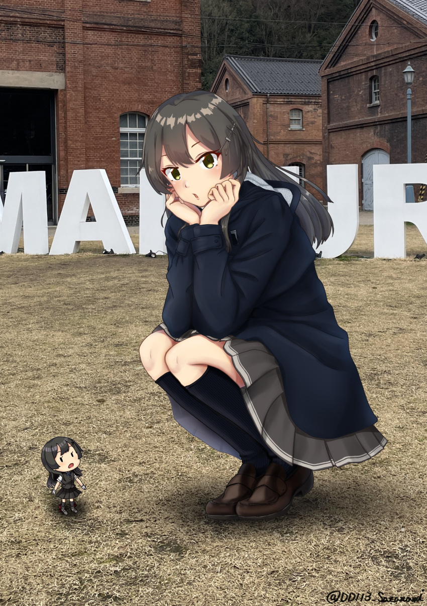 2girls, absurdres, adapted_costume, black_coat, black_hair, black_socks, brown_eyes, building