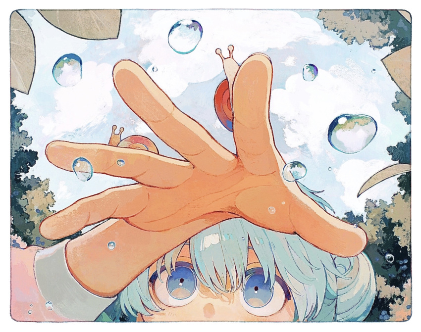 1girl, animal_on_hand, blue_eyes, blue_hair, border, close-up, clouds, commentary