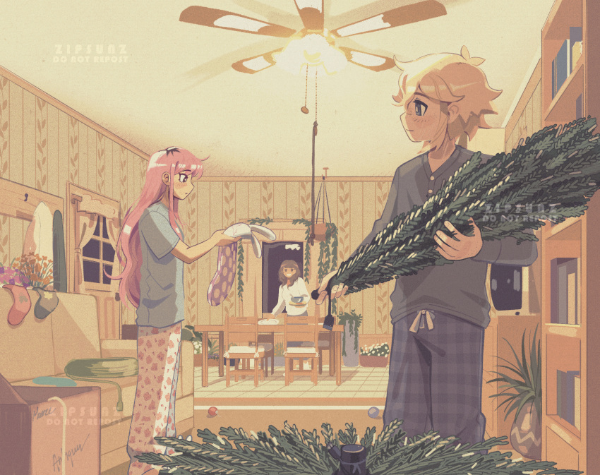 1boy, 2girls, artist_name, aubrey_(faraway)_(omori), aubrey_(omori), basil_(faraway)_(omori), basil_(omori), blonde_hair