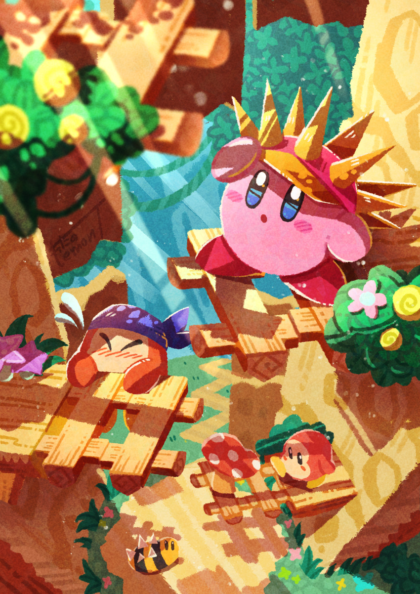 absurdres, bandana, bandana_waddle_dee, blue_bandana, blush_stickers, cappy_(kirby), closed_eyes, copy_ability