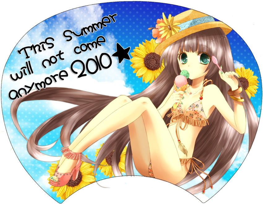 bad_id, bikini, brown_hair, flower, food, green_eyes, hat, ice_cream, long_hair, open_toe_shoes, original, solo, spoon, sunflower, swimsuit, uchiwa_design